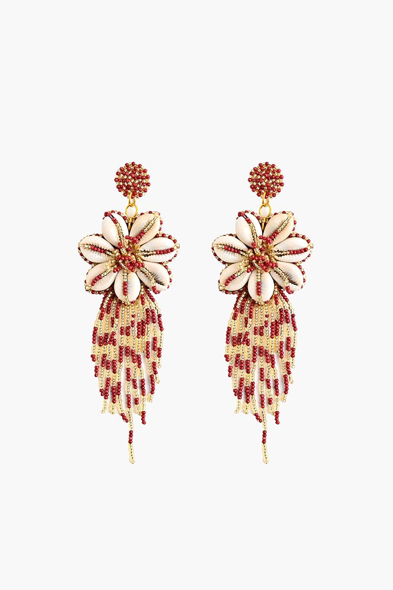 Floral Seashell Beaded Tassel Earrings