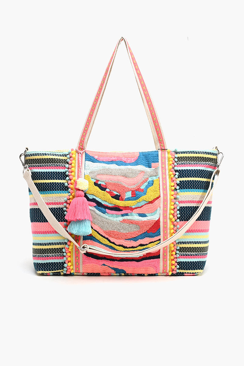 Embellished Tote with Pouch & Coin Wave Multi