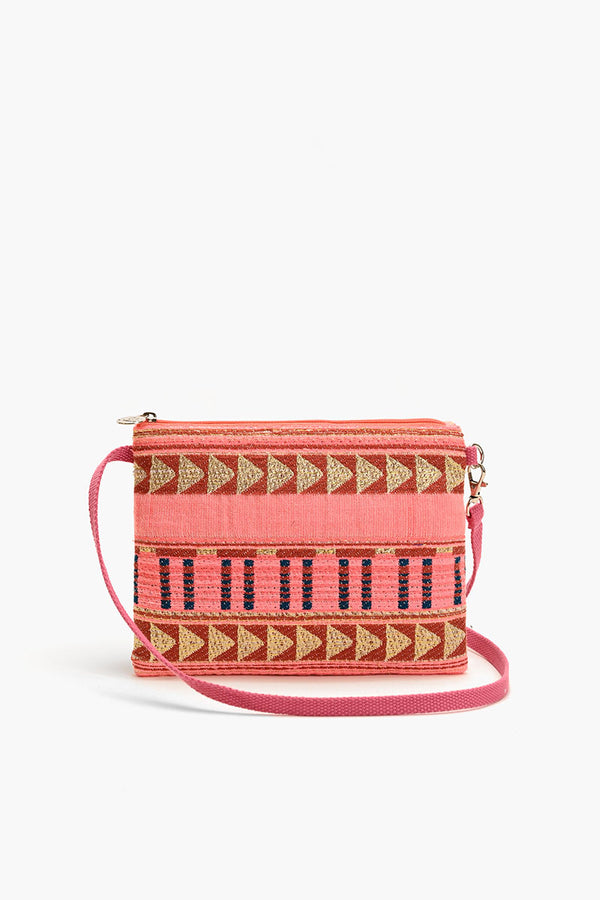 Mexican Striped Spring Top Zip Clutch -Pink and Brown