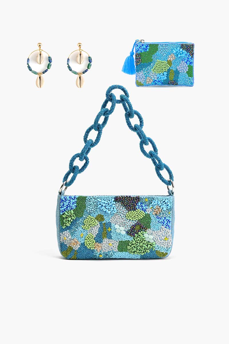 Blue Lagoon Luxe Trio Shoulder Bag, Mini Pouch & Earrings