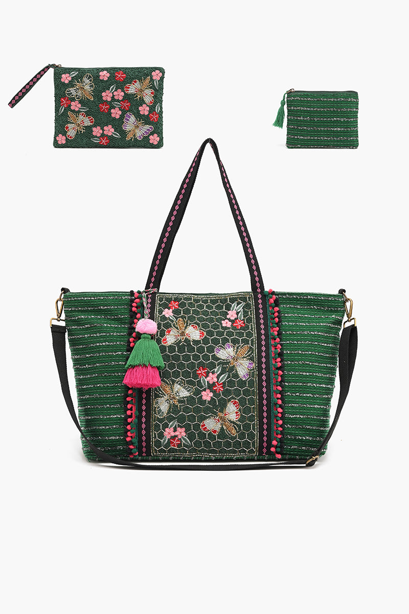 Embellished Tote with Pouch & Coin Emerald Bee