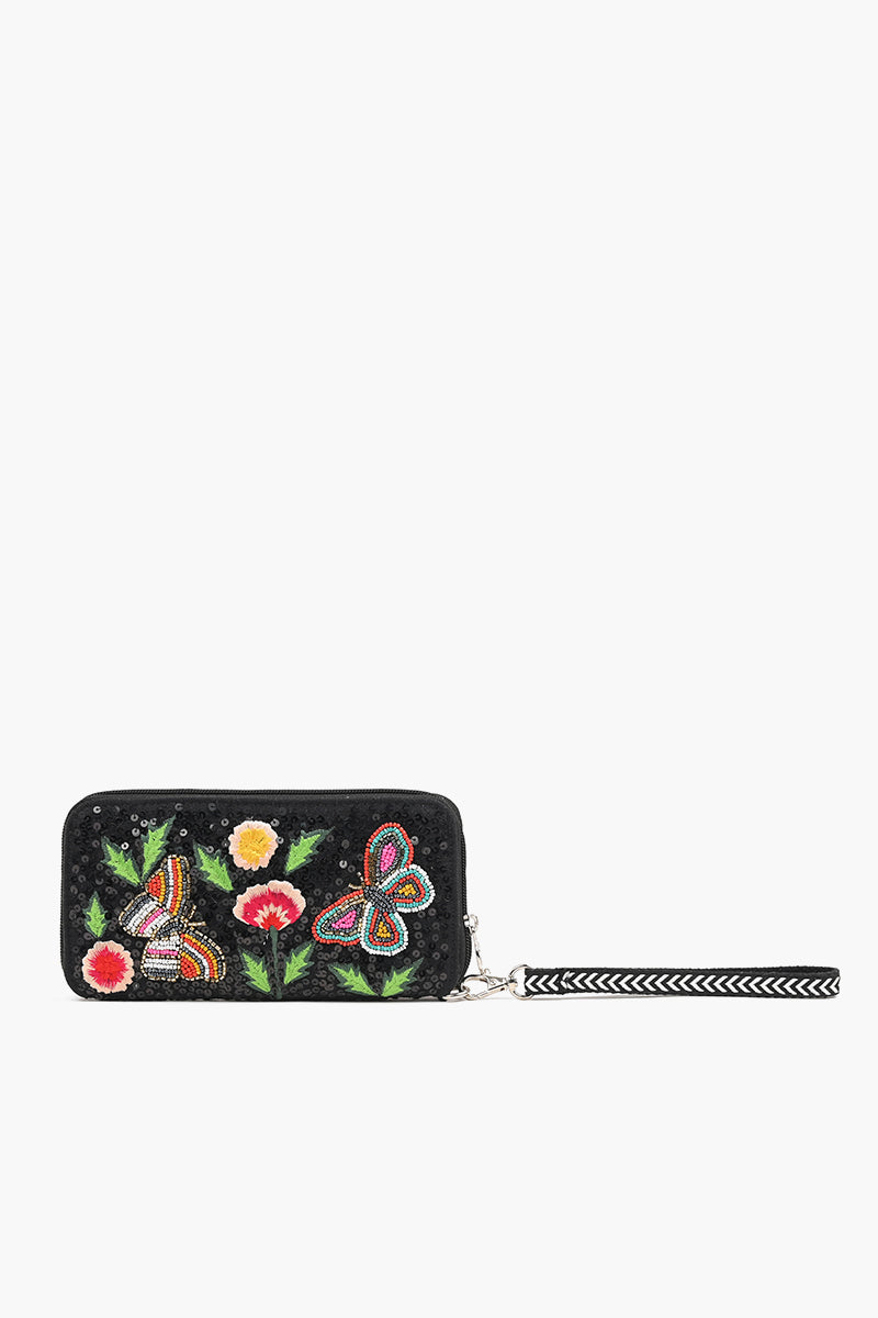 Embellished Wallet with wristlet-Black Butterfly