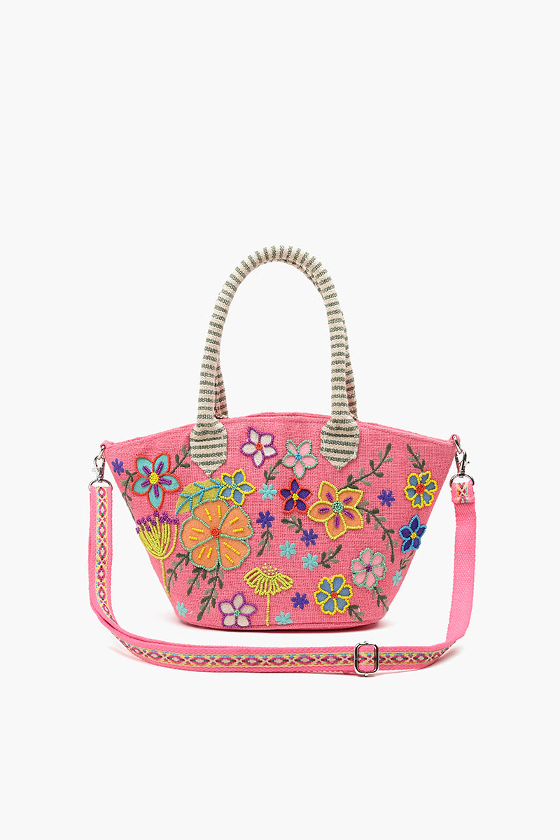 Pink Floral Beaded Mini Jute Tote