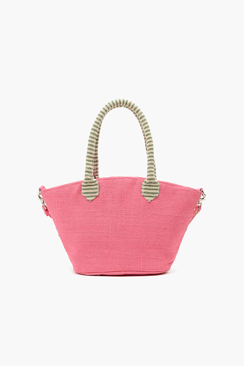 Pink Floral Beaded Mini Jute Tote