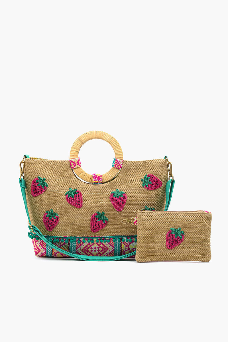 Strawberry Jute Tote With Pouch