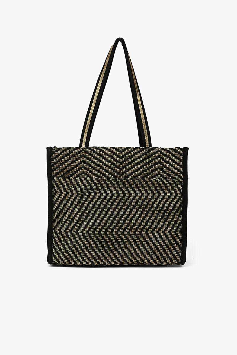 Boho Beaded Market Tote with Crossbody-Black Aztec