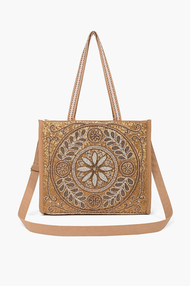 Boho Beaded Market Tote with Crossbody-Beige Medallion