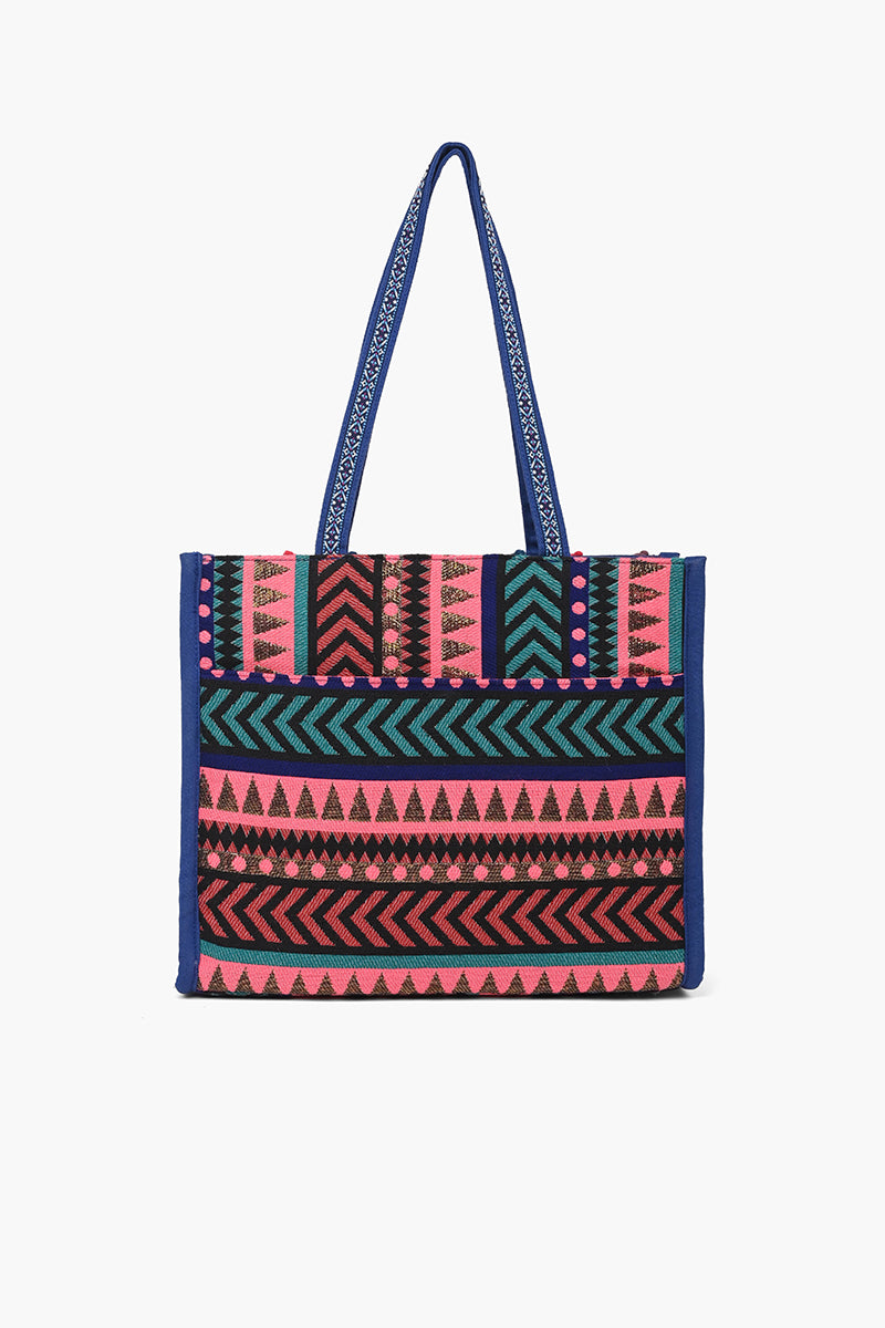 Boho Beaded Market Tote with Crossbody-Navy Chevron