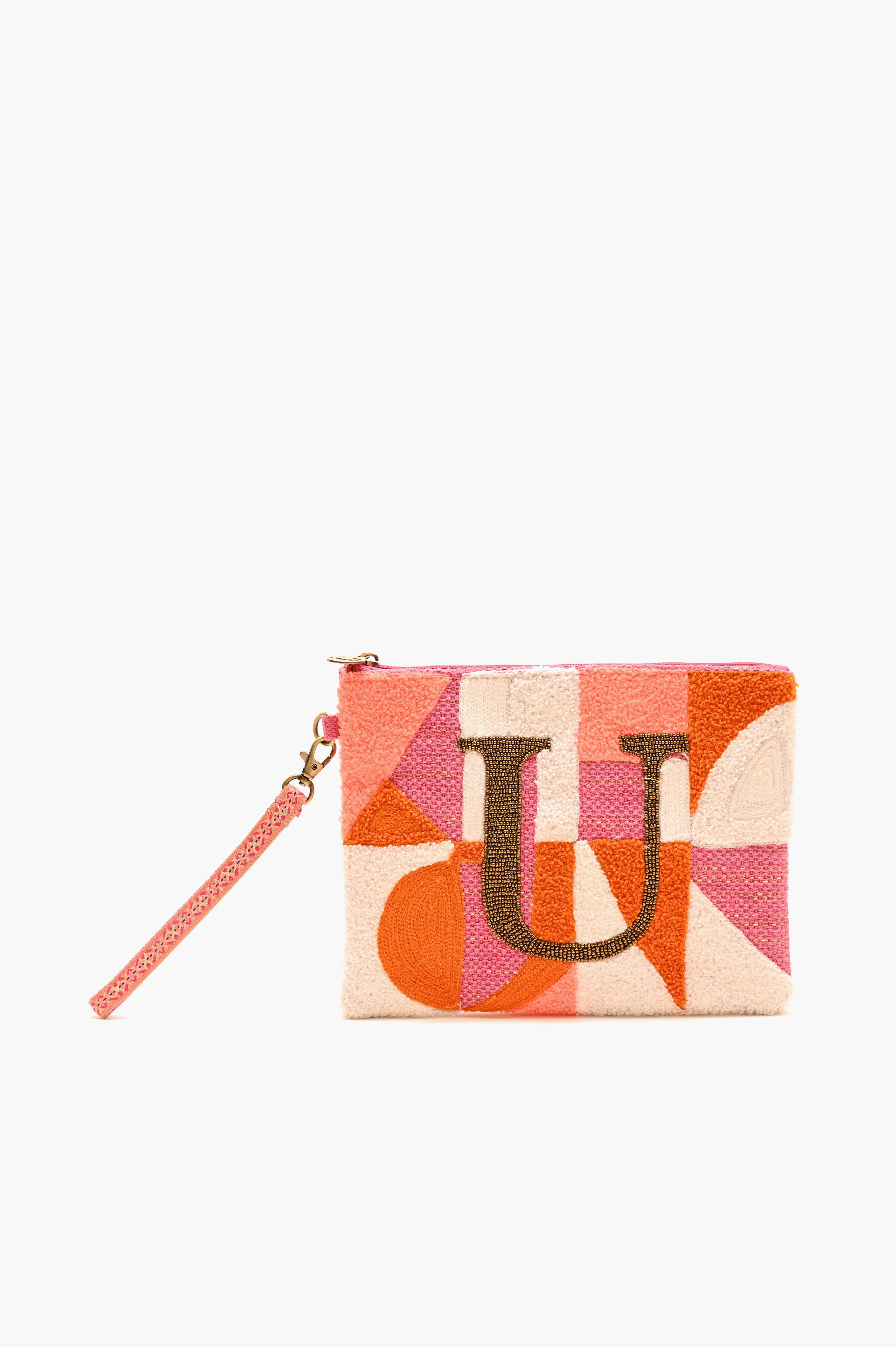 Beaded and Tufted Monogram Pouch-U Initial