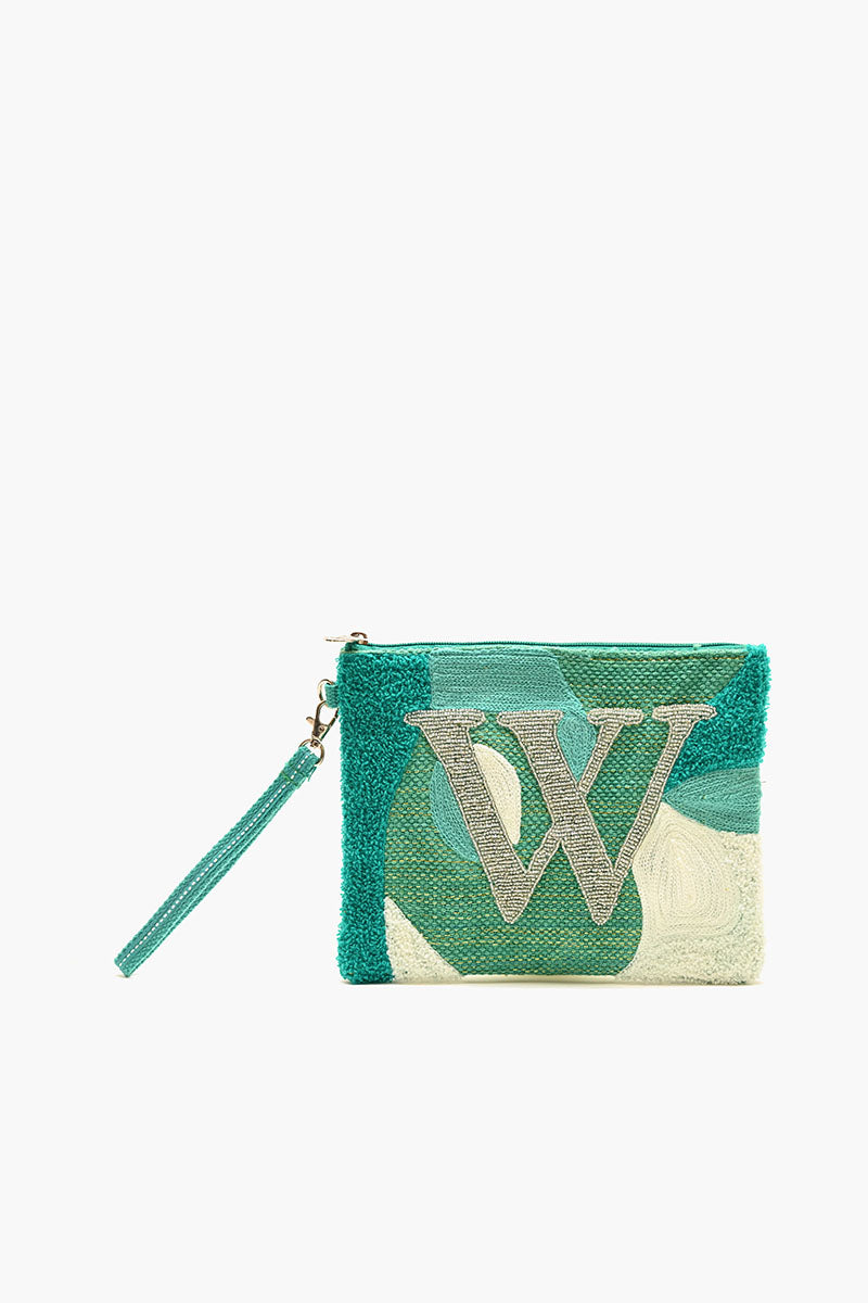 Beaded and Tufted Monogram Pouch-W Initial