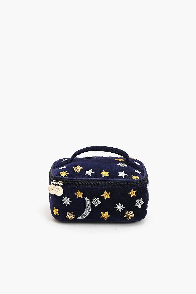 Velvet Embroidered Jewelry Box-Navy