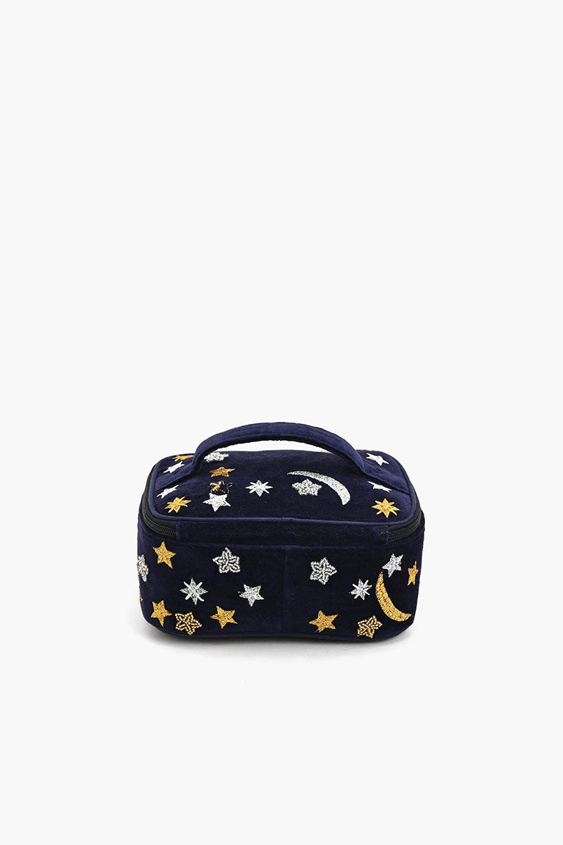 Velvet Embroidered Jewelry Box-Navy