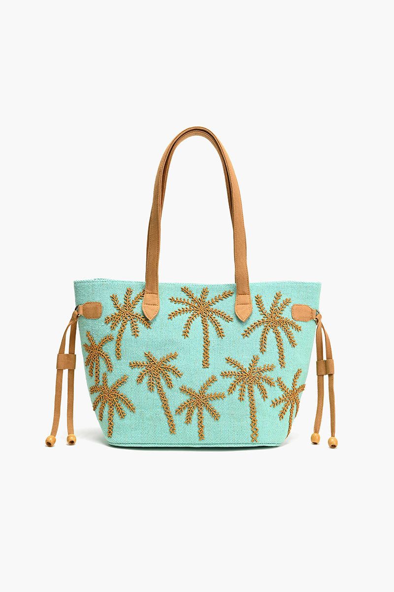 Embroidered Beaded Tote-Blue Palms