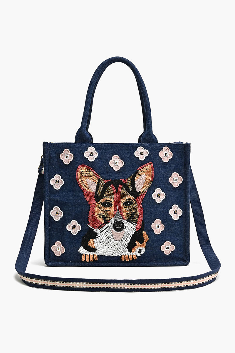 Beaded Denim Critter Shopper-Cutest Corgi