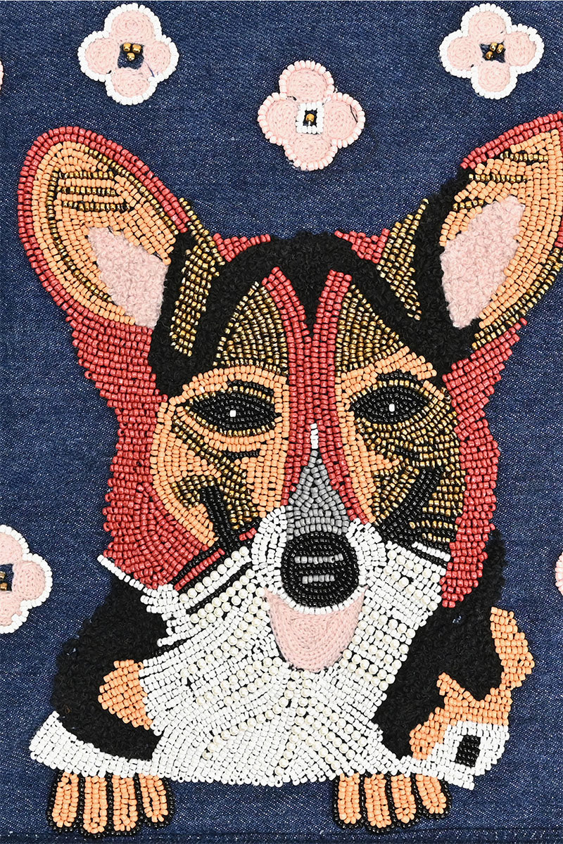 Beaded Denim Critter Shopper-Cutest Corgi