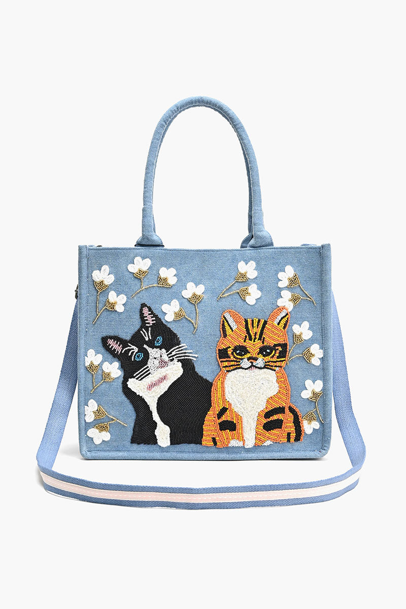 Beaded Denim Critter Shopper-Kitten