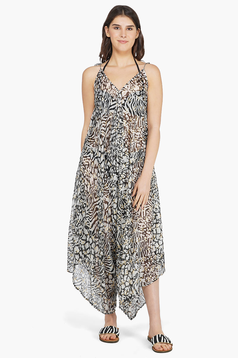 Always Animal Chiffon Print Wide Leg Cover Up Jumpsuit