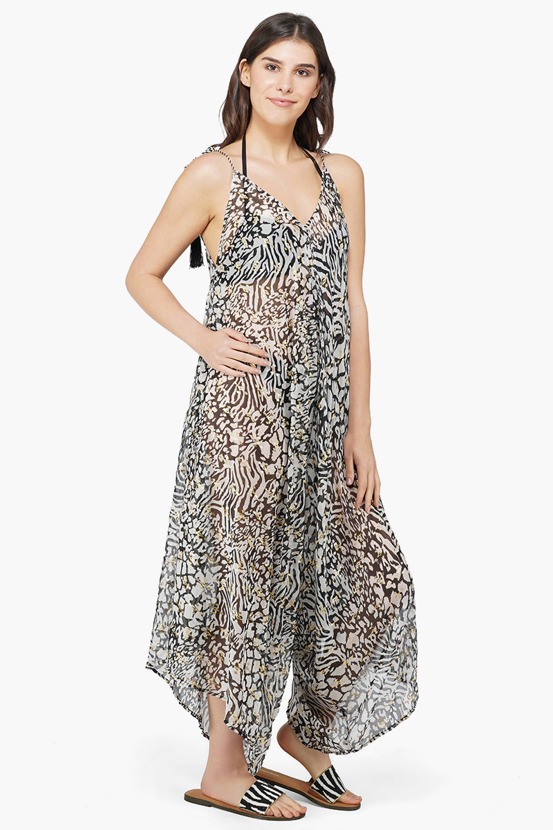 Always Animal Chiffon Print Wide Leg Cover Up Jumpsuit