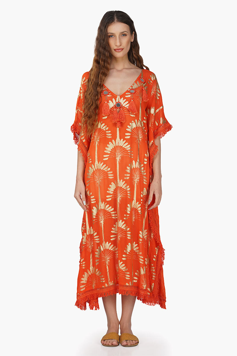 Sunset Palm Foil Tassel Kaftan