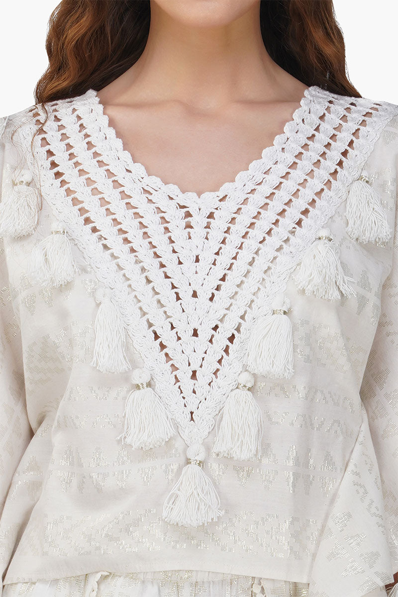 Golden Pearl Lurex Tassel Crochet Blouse