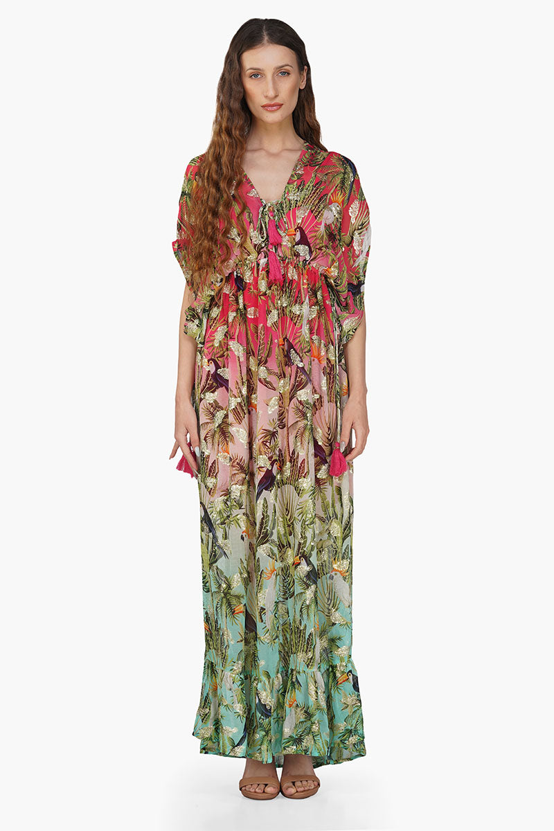 Farm Chirping Birds Printed Angel Maxi Dress