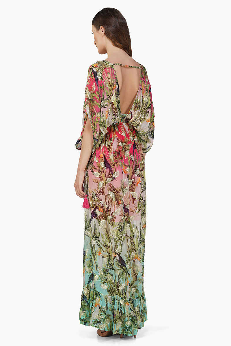 Farm Chirping Birds Printed Angel Maxi Dress