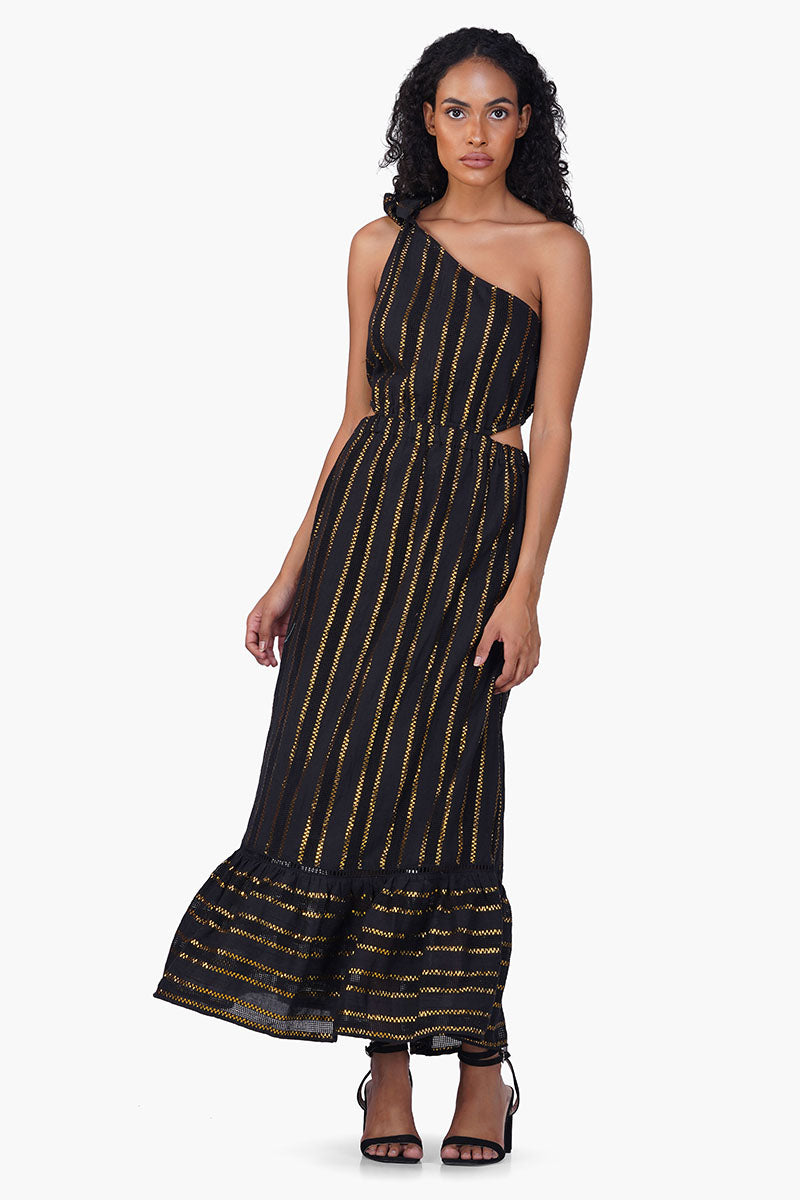 Gold Charm Black One Shoulder Dress