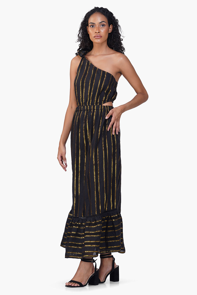 Gold Charm Black One Shoulder Dress