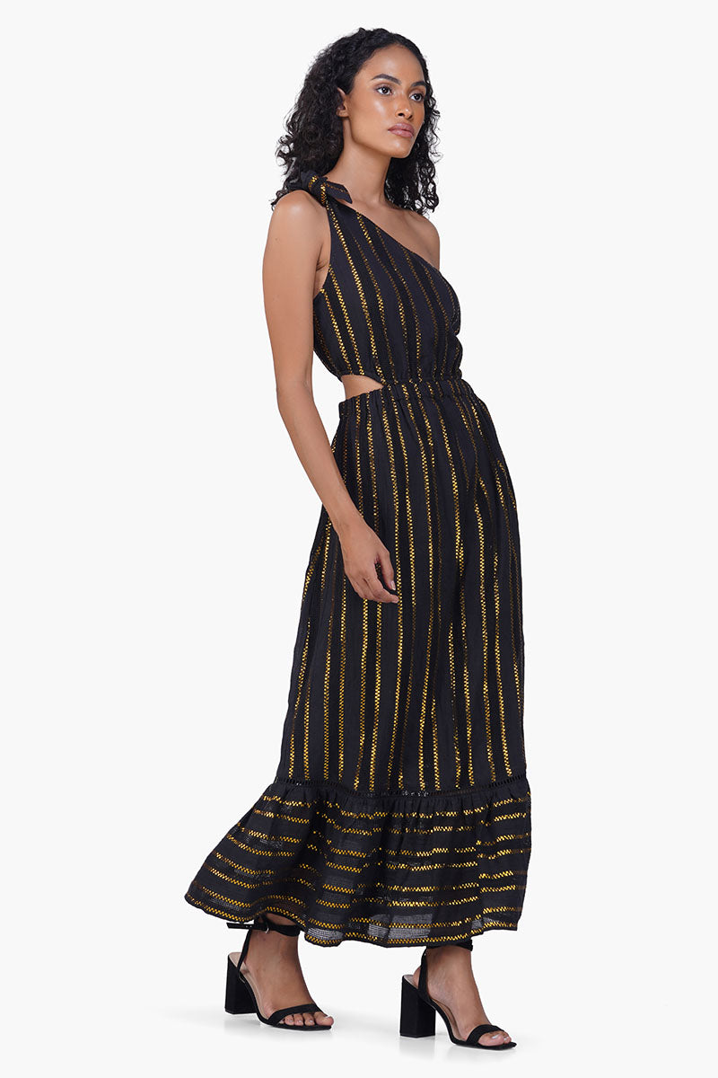 Gold Charm Black One Shoulder Dress