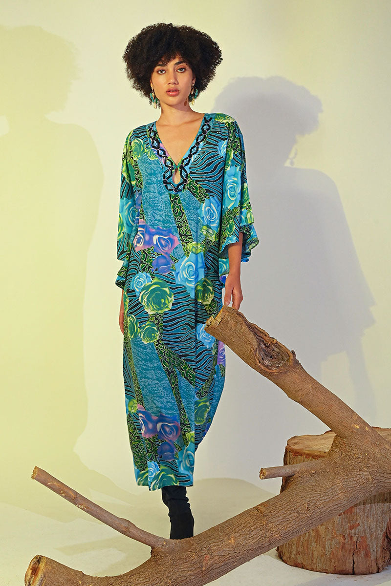 Blue Carribean Floral Printed Maxi Dress