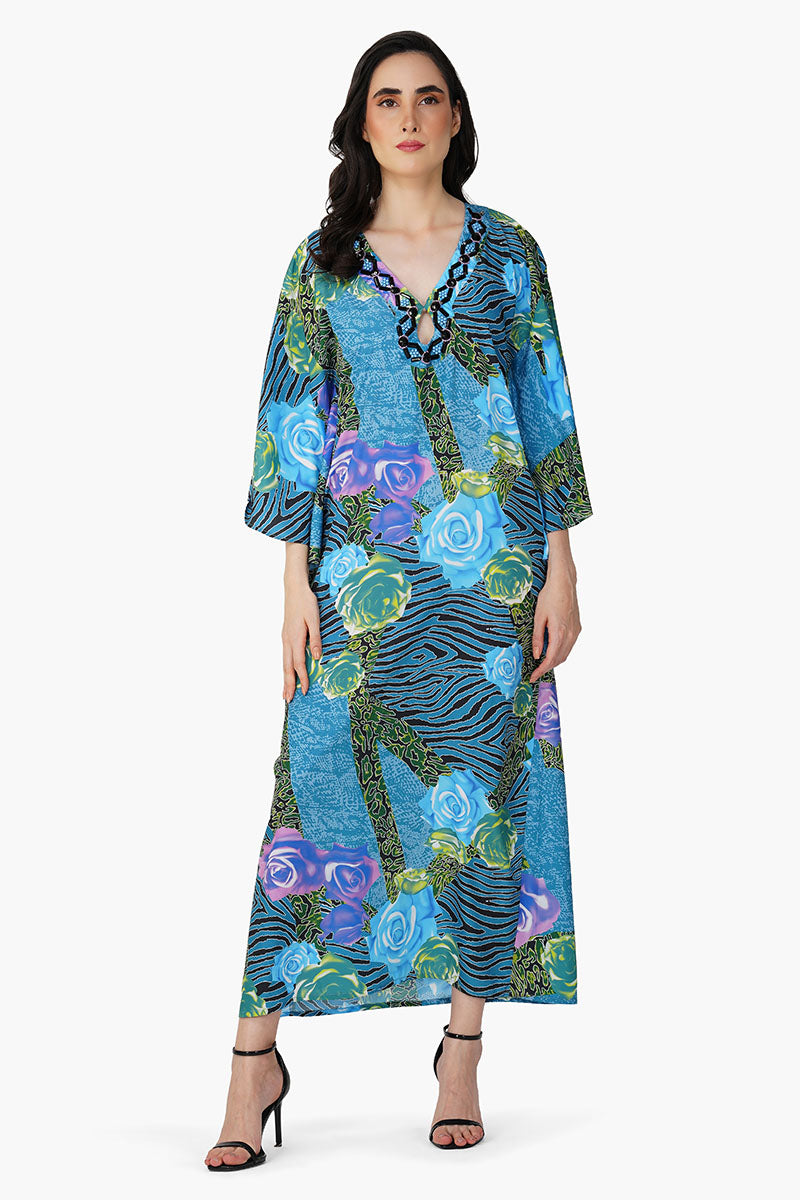 Blue Carribean Floral Printed Maxi Dress