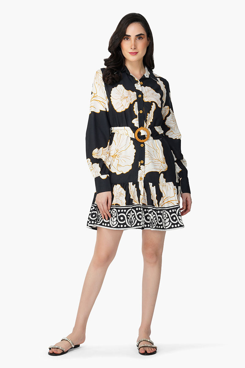 Black And White Floral Daze Printed Short Dress