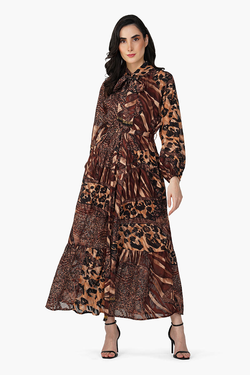 Brown Animal Patch Print Maxi Dress