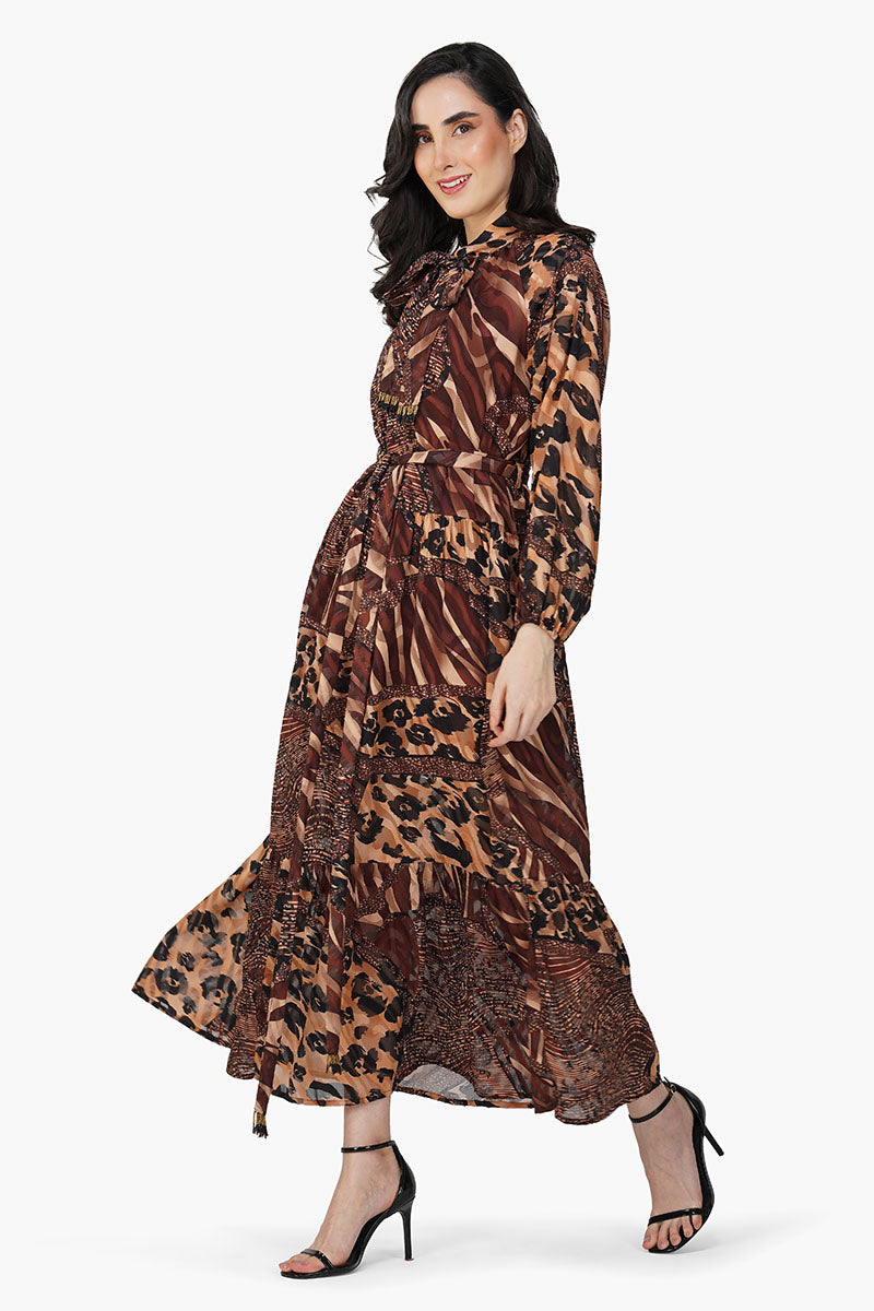 Brown Animal Patch Print Maxi Dress