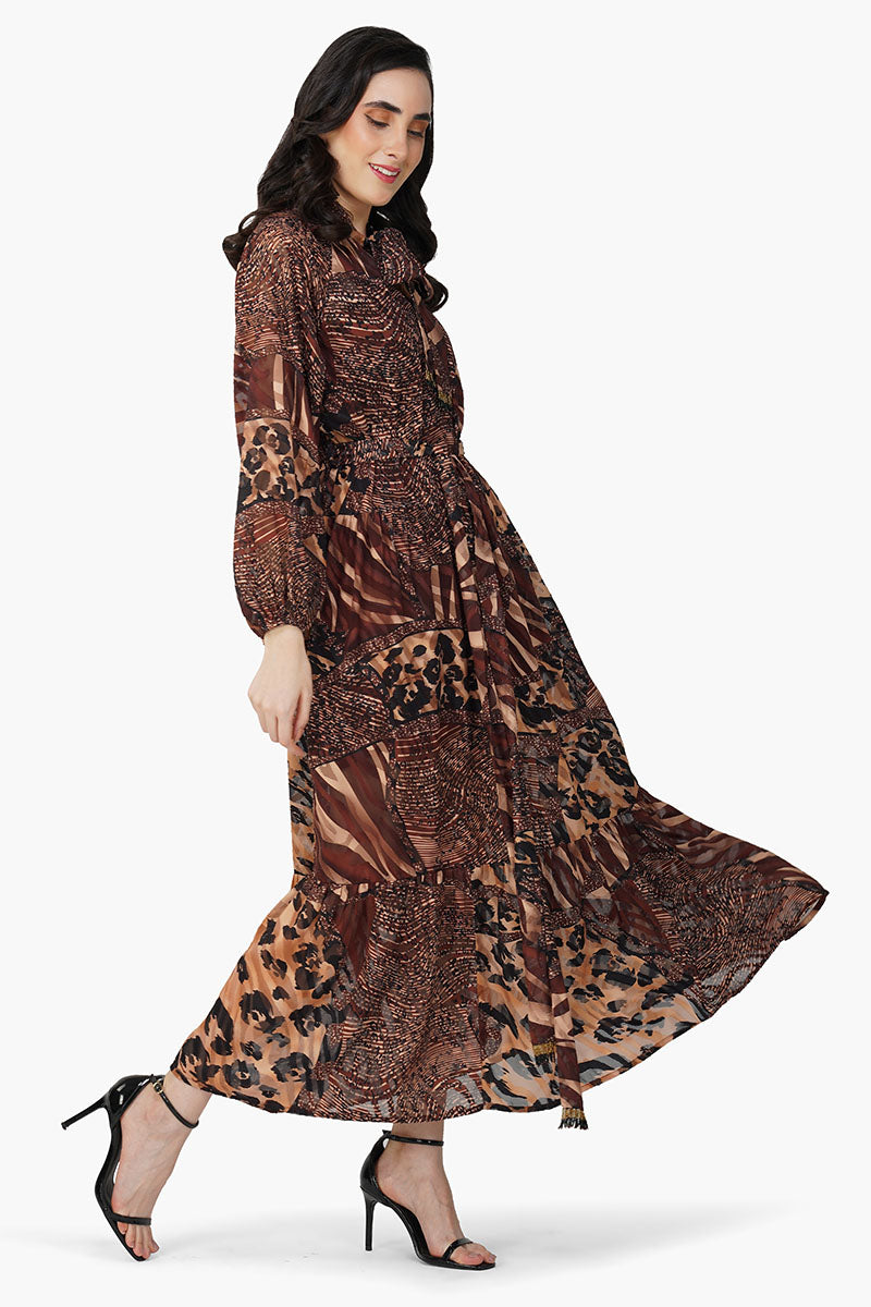 Brown Animal Patch Print Maxi Dress