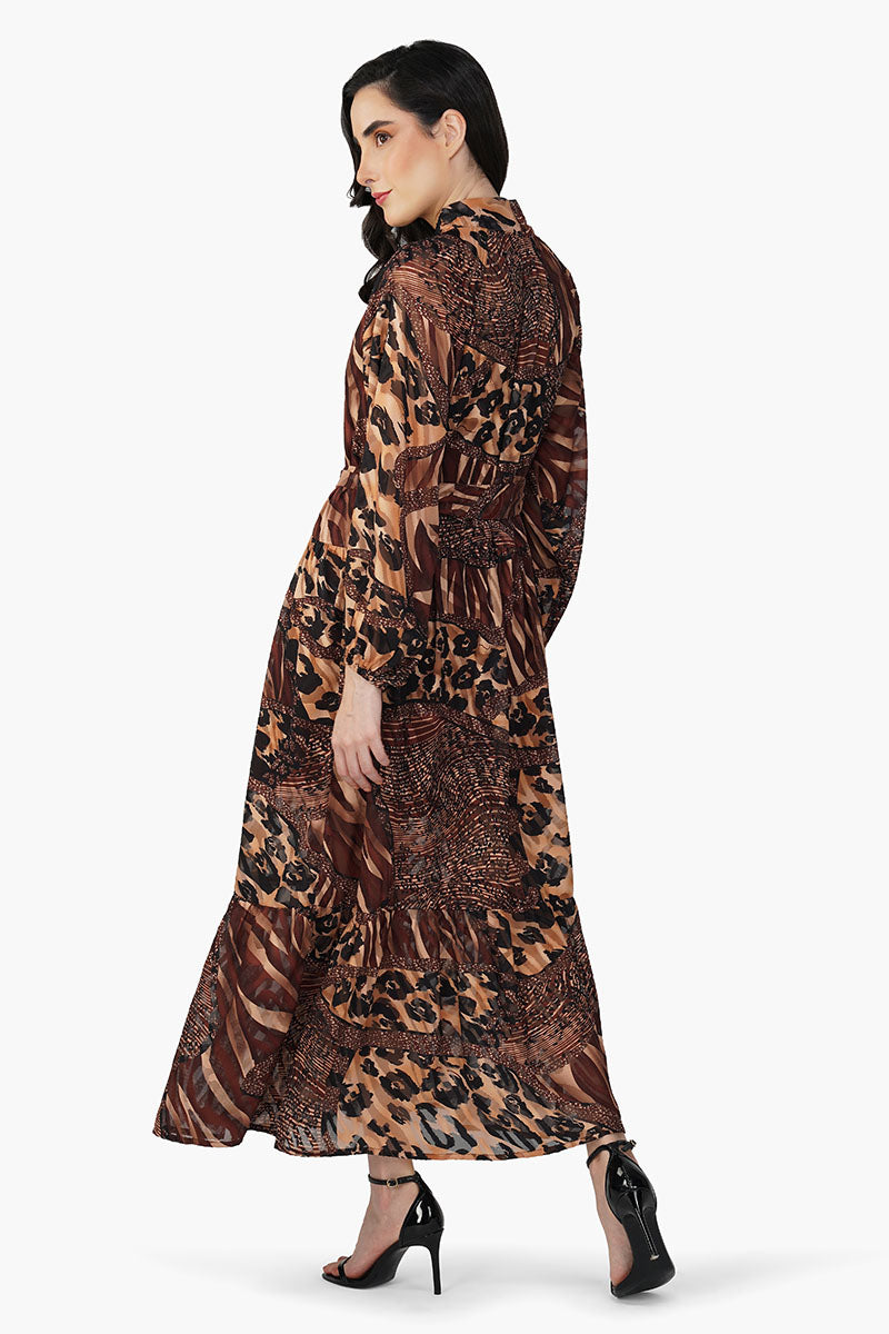 Brown Animal Patch Print Maxi Dress