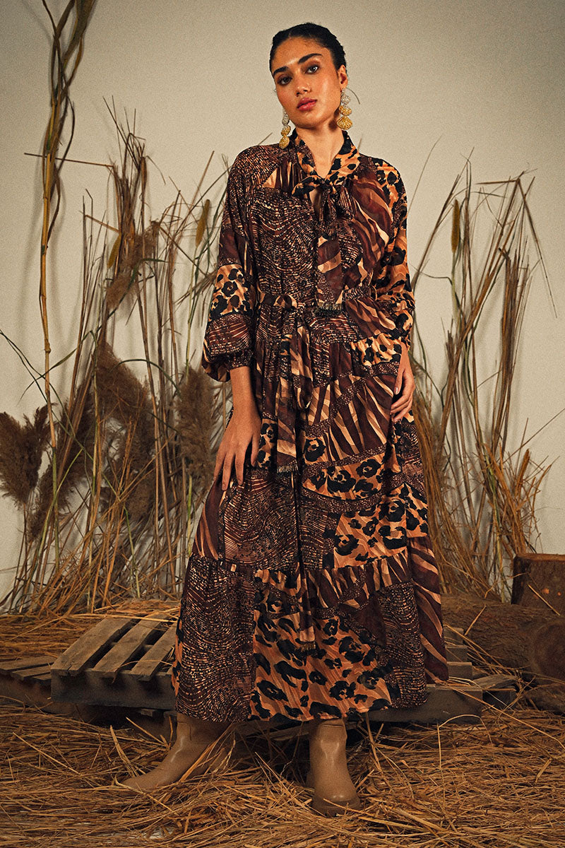 Brown Animal Patch Print Maxi Dress