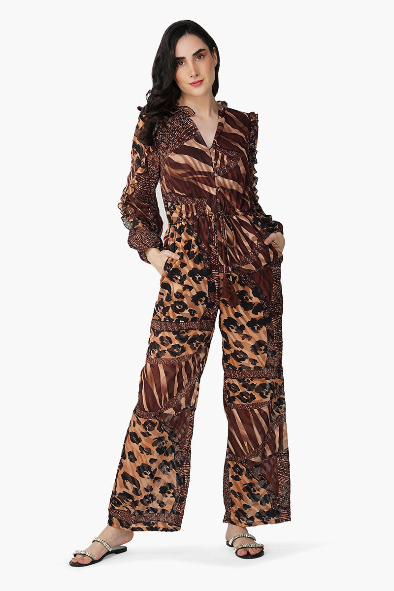 Brown Animal Patch Print Jumpsuit