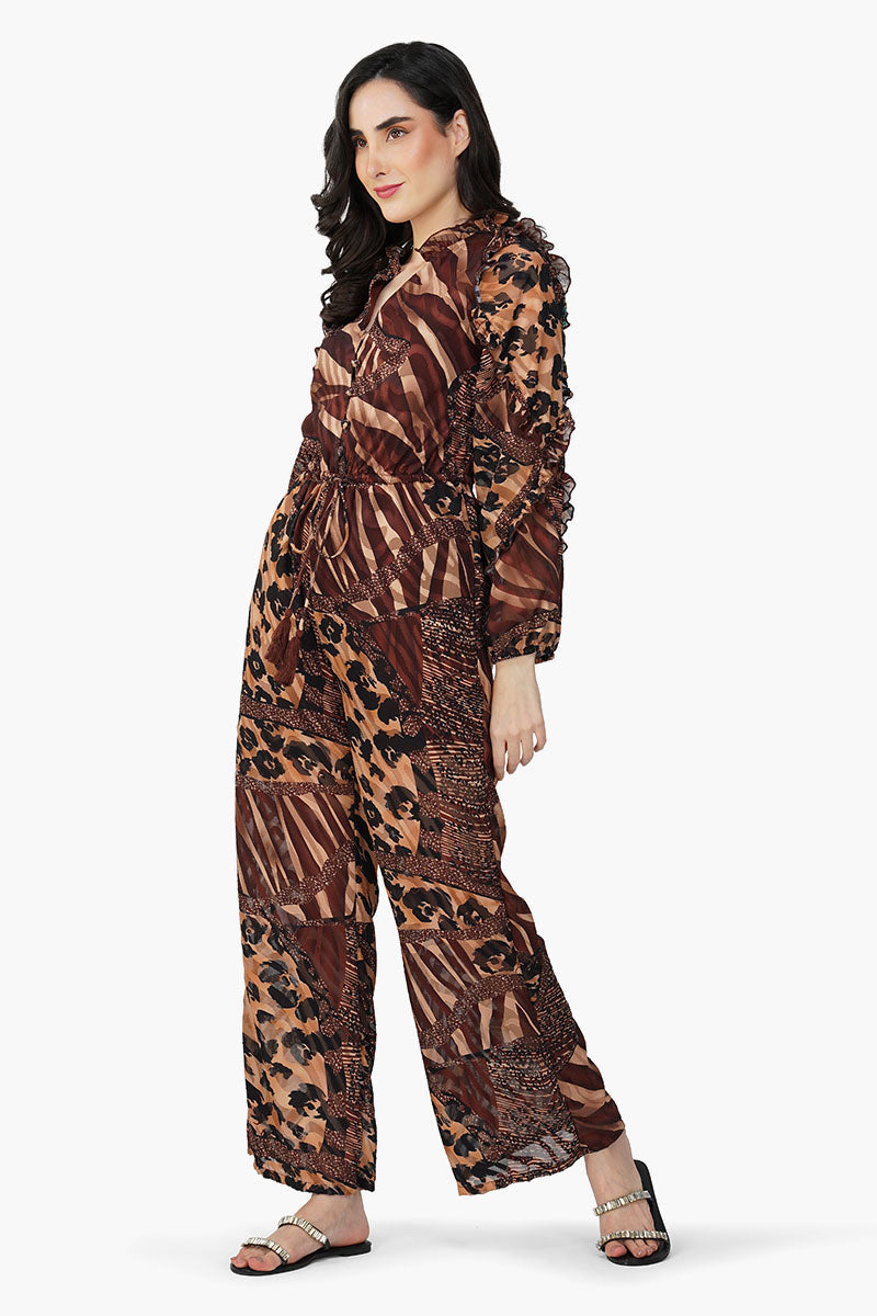 Brown Animal Patch Print Jumpsuit