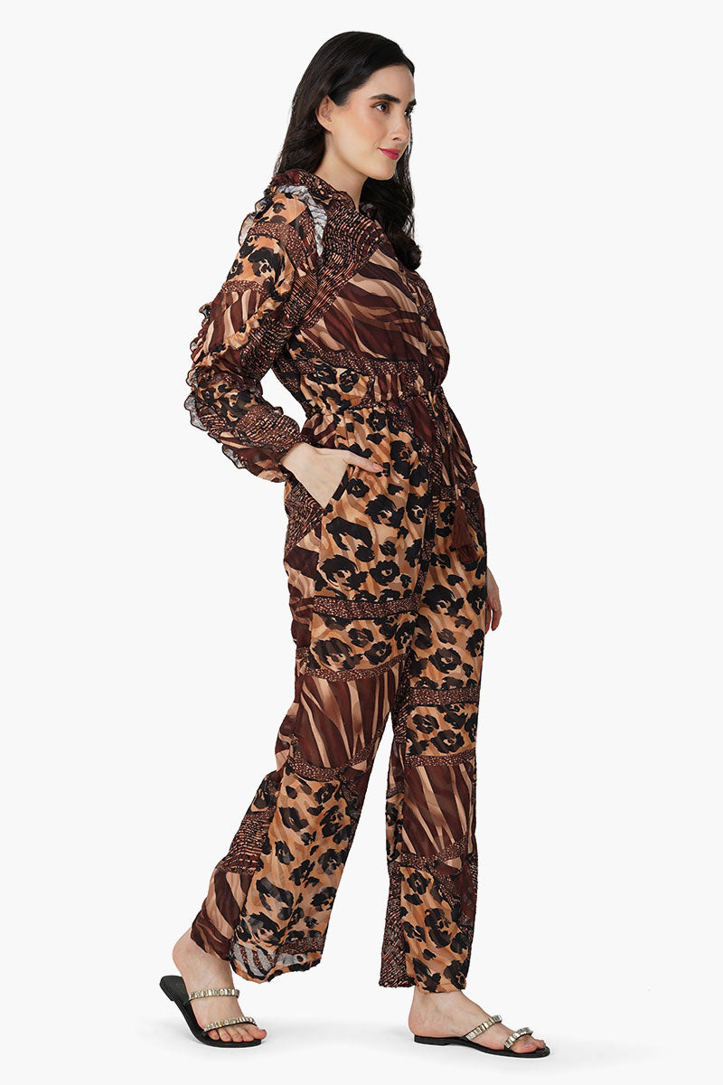 Brown Animal Patch Print Jumpsuit