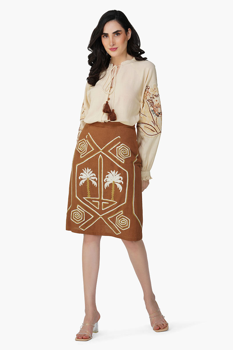 Tawny Brown Palm Embroidered Short Skirt