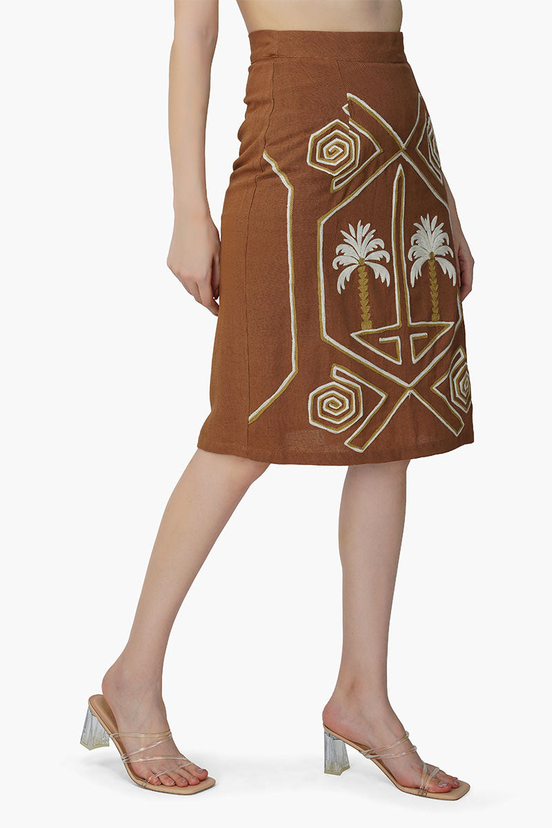 Tawny Brown Palm Embroidered Short Skirt