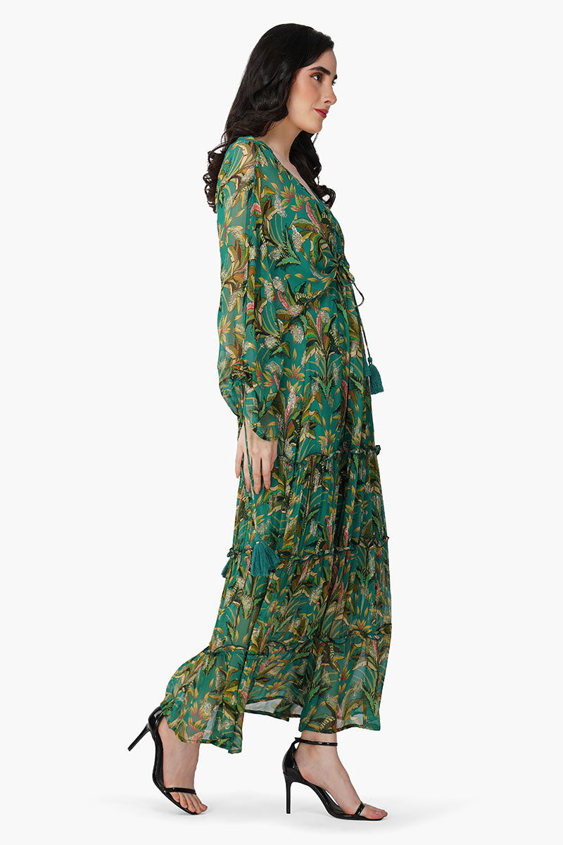 Tropical Ash Leaf Printed Maxi Dress