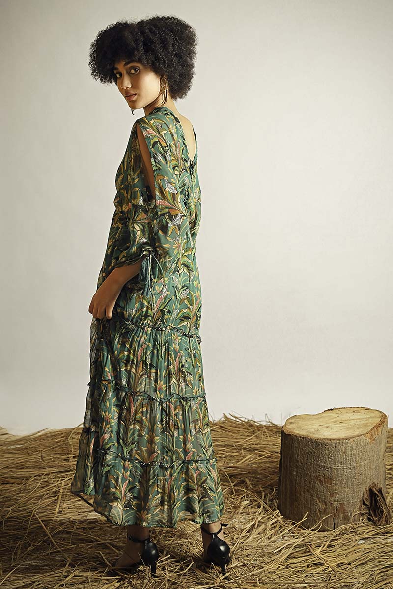 Tropical Ash Leaf Printed Maxi Dress