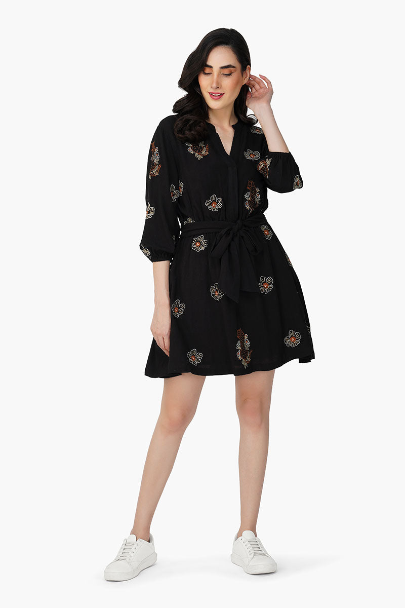 Black Safari Tiger Embroidered Short Dress