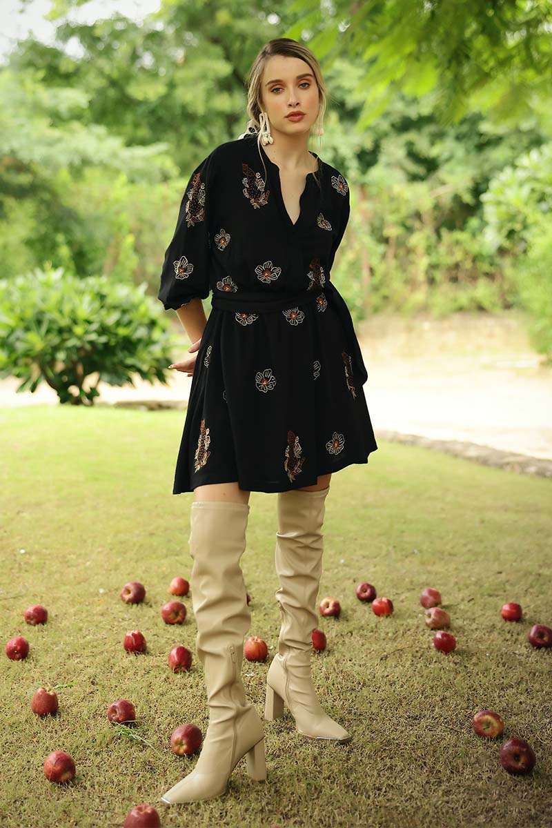 Black Safari Tiger Embroidered Short Dress