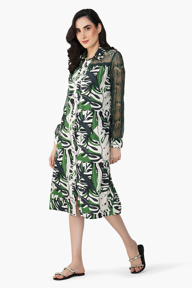 Green Birch Tropical Printed Shirt Dress