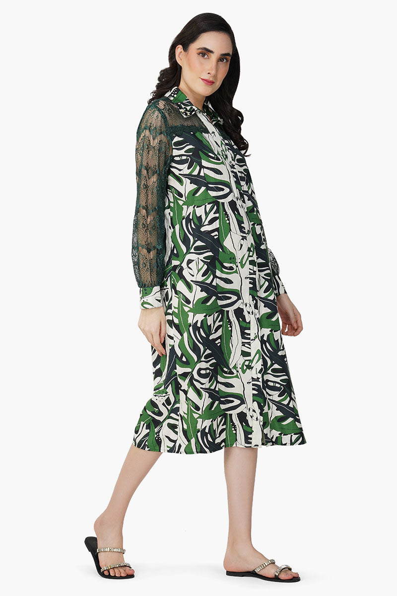 Green Birch Tropical Printed Shirt Dress