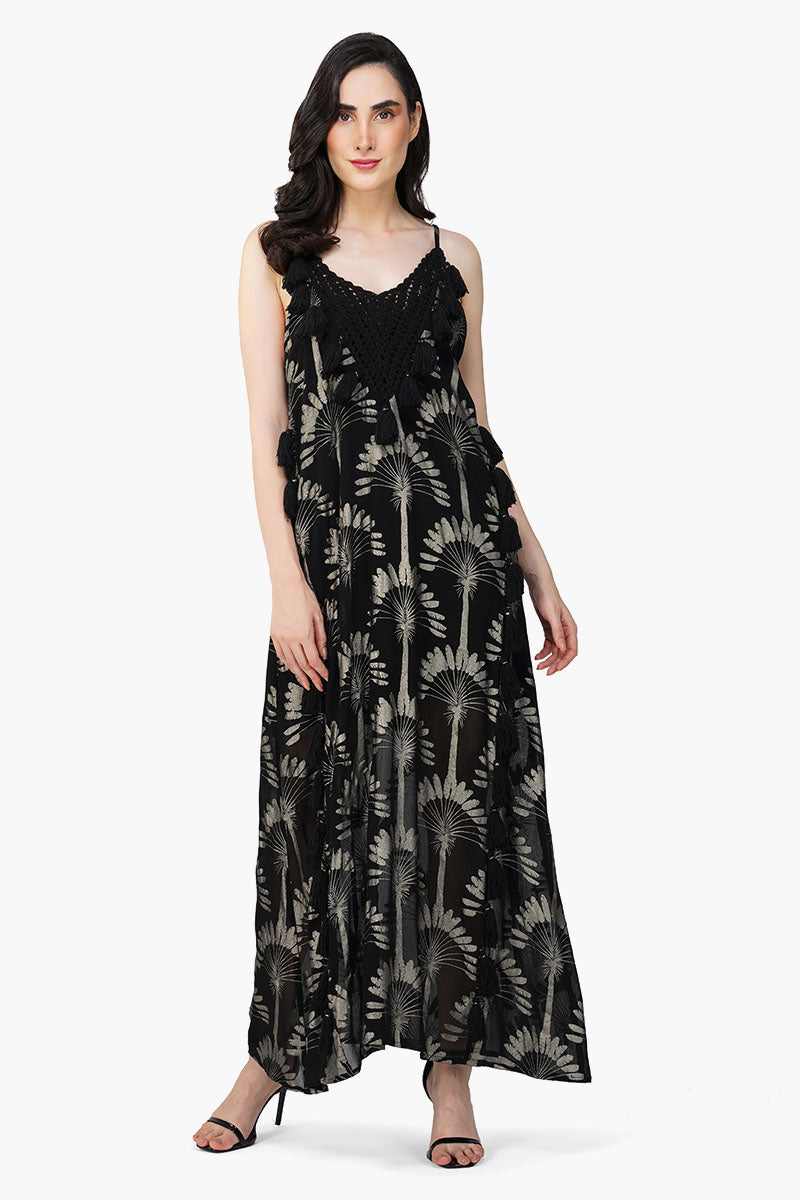 Silver Black Foil Printed Strap Maxi Dress