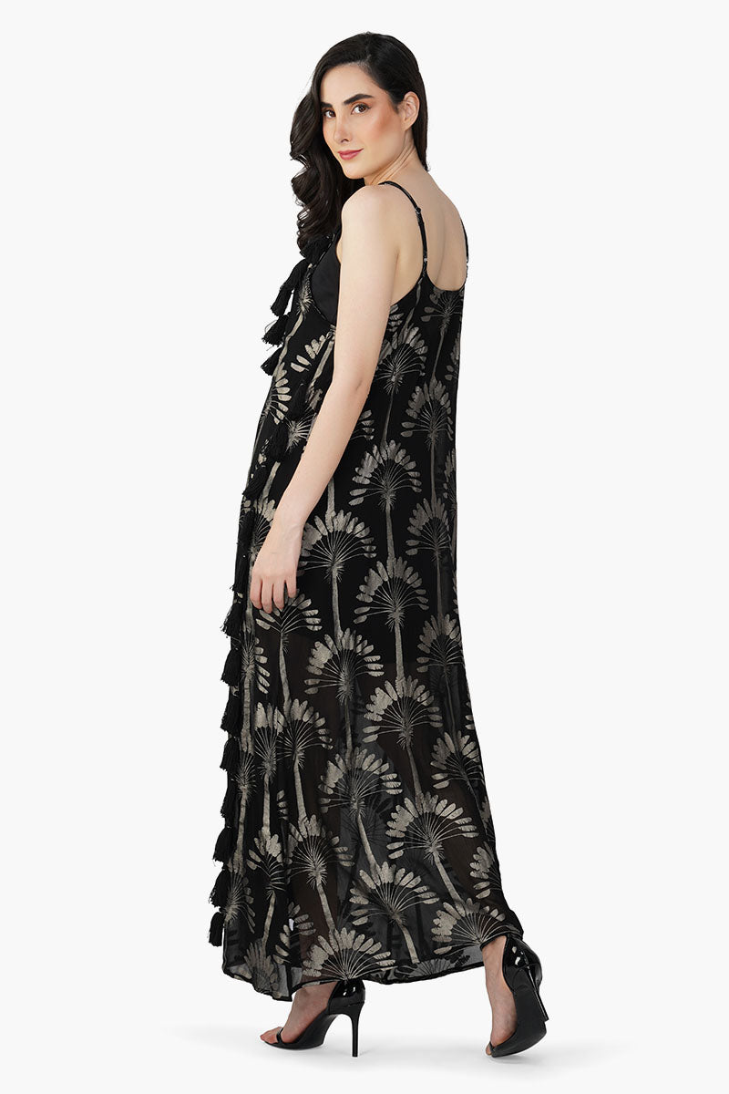 Silver Black Foil Printed Strap Maxi Dress